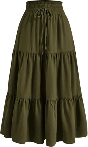 Skirts for Women Summer Flowy Tiered Elastic High Waisted Skirt Vacation A-Line Swing Long Floral Midi Skirts