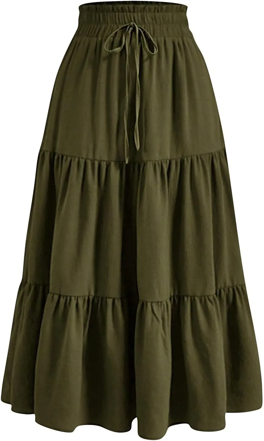 Skirts for Women Summer Flowy Tiered Elastic High Waisted Skirt Vacation A-Line Swing Long Floral Midi Skirts
