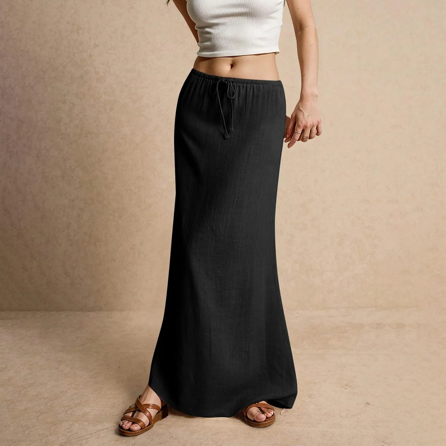 Skirts for Women Trendy Drawstring Low Rise Long Flowy Skirts Plus Size Womens Linen Maxi Skirt with Slit Summer