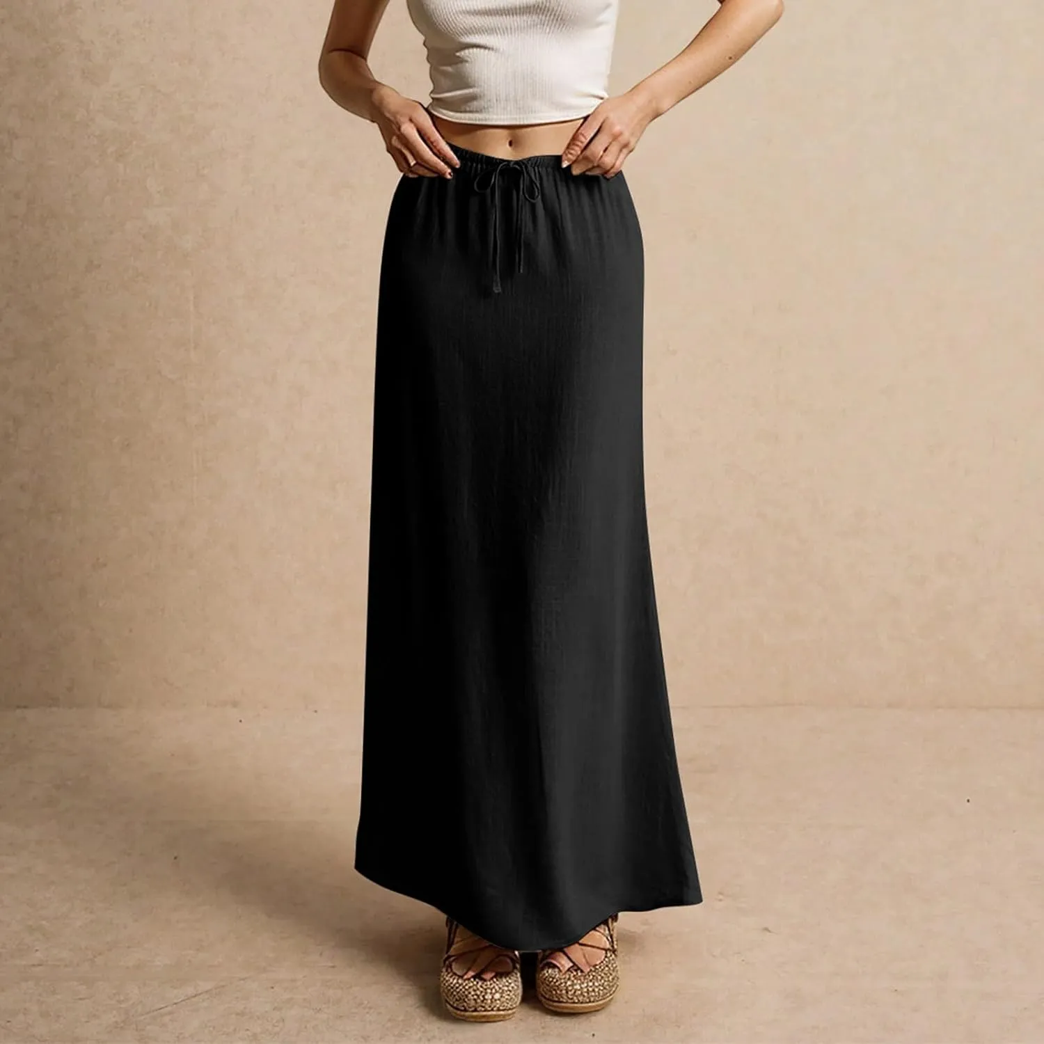 Skirts for Women Trendy Drawstring Low Rise Long Flowy Skirts Plus Size Womens Linen Maxi Skirt with Slit Summer