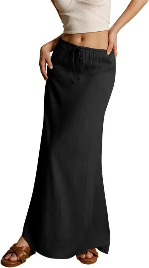 Skirts for Women Trendy Drawstring Low Rise Long Flowy Skirts Plus Size Womens Linen Maxi Skirt with Slit Summer