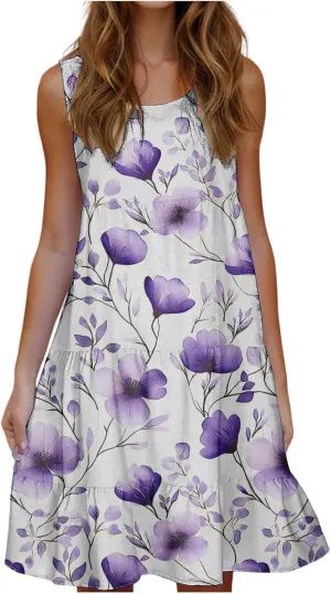 Sleeveless Beach Dresses for Women Loose Swimsuit Cover Ups Vacation Dresses Floral Swing Mini Dress Casual Dresses