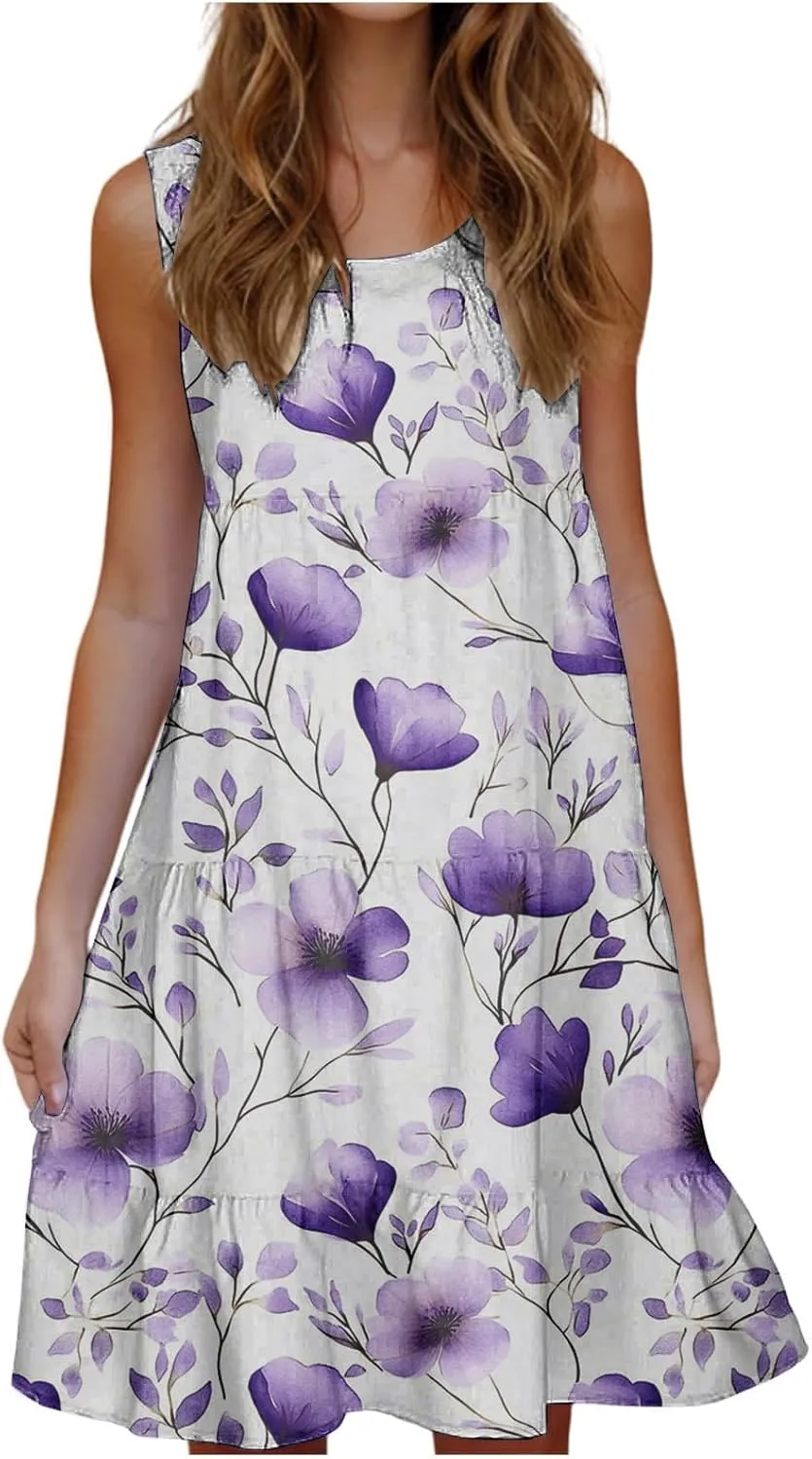 Sleeveless Beach Dresses for Women Loose Swimsuit Cover Ups Vacation Dresses Floral Swing Mini Dress Casual Dresses