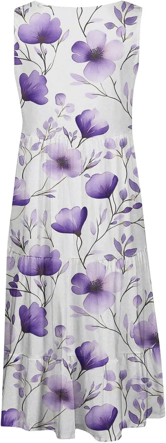 Sleeveless Beach Dresses for Women Loose Swimsuit Cover Ups Vacation Dresses Floral Swing Mini Dress Casual Dresses