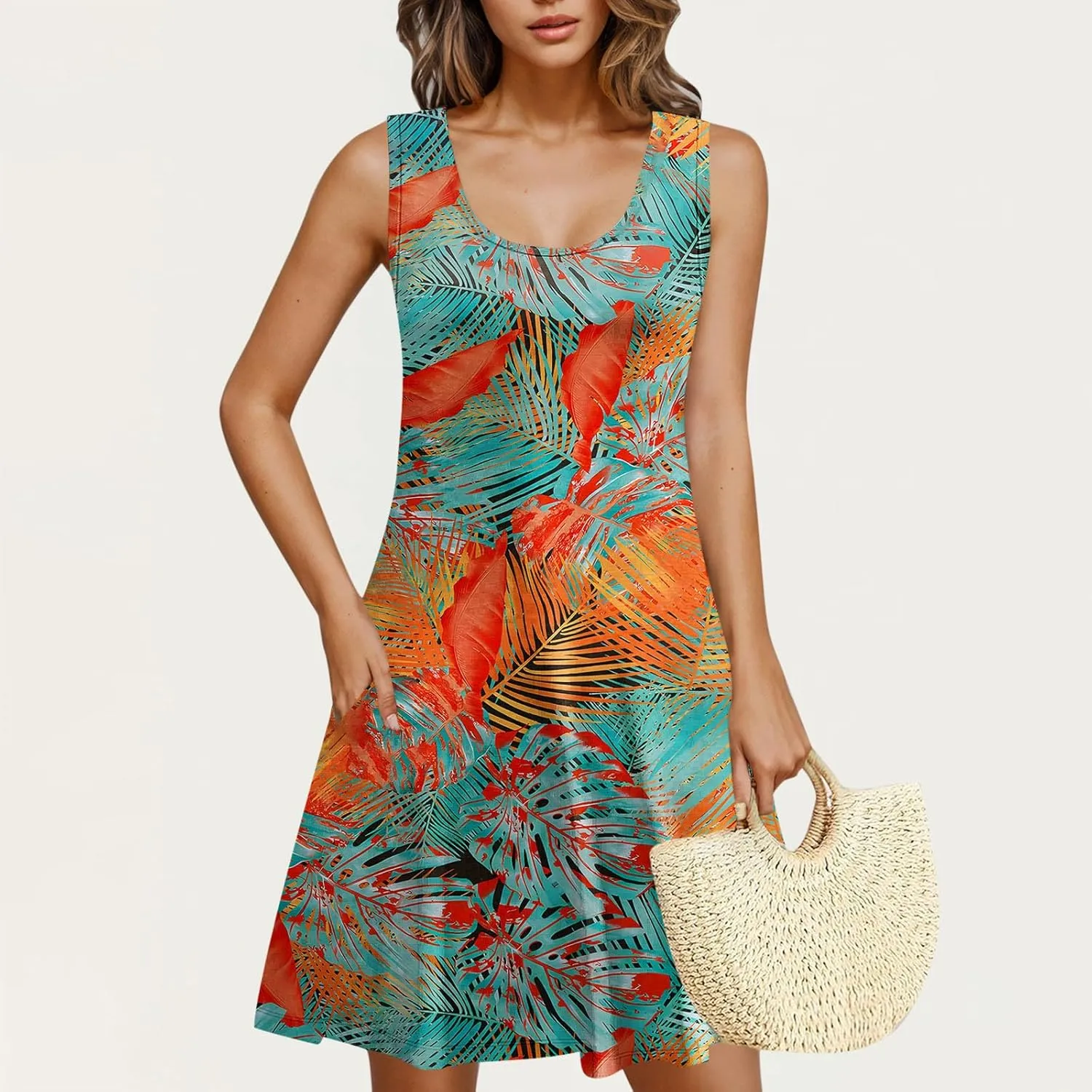 Sleeveless Beach Dresses for Women Loose Swimsuit Cover Ups Vacation Dresses Flowy Mini Dress Print Casual Dresses