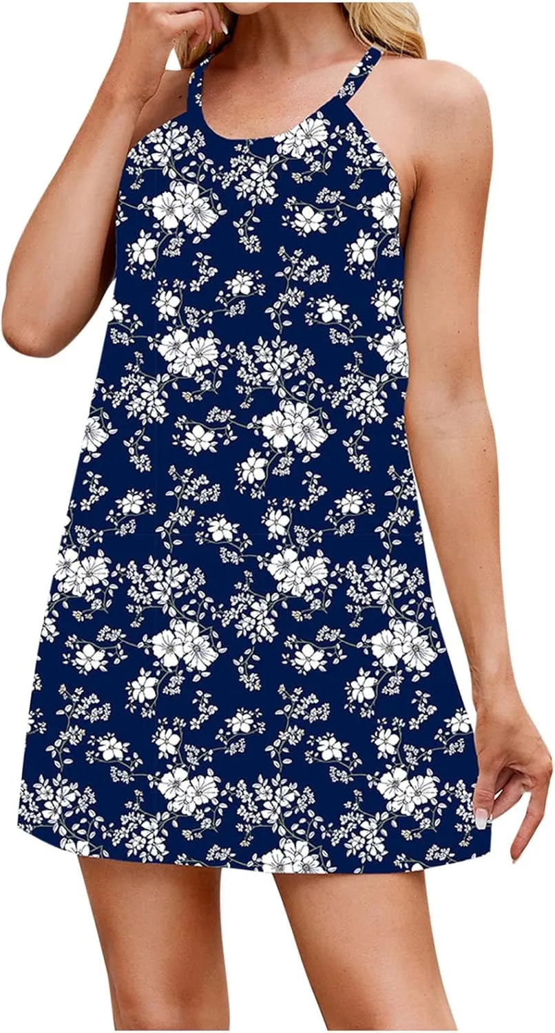 Sleeveless Beach Dresses for Women Loose Swimsuit Cover Ups Vacation Dresses Flowy Mini Dress Print Casual Dresses