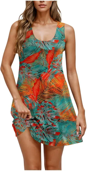Sleeveless Beach Dresses for Women Loose Swimsuit Cover Ups Vacation Dresses Flowy Mini Dress Print Casual Dresses