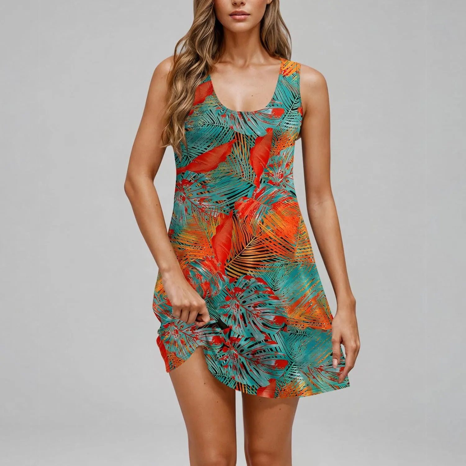 Sleeveless Beach Dresses for Women Loose Swimsuit Cover Ups Vacation Dresses Flowy Mini Dress Print Casual Dresses