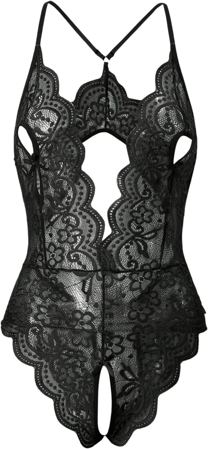 SOLY HUX Women's Lace Teddy Lingerie Bodysuit Deep V Neck Scalloped Trim Cut Out Babydoll Nightwear