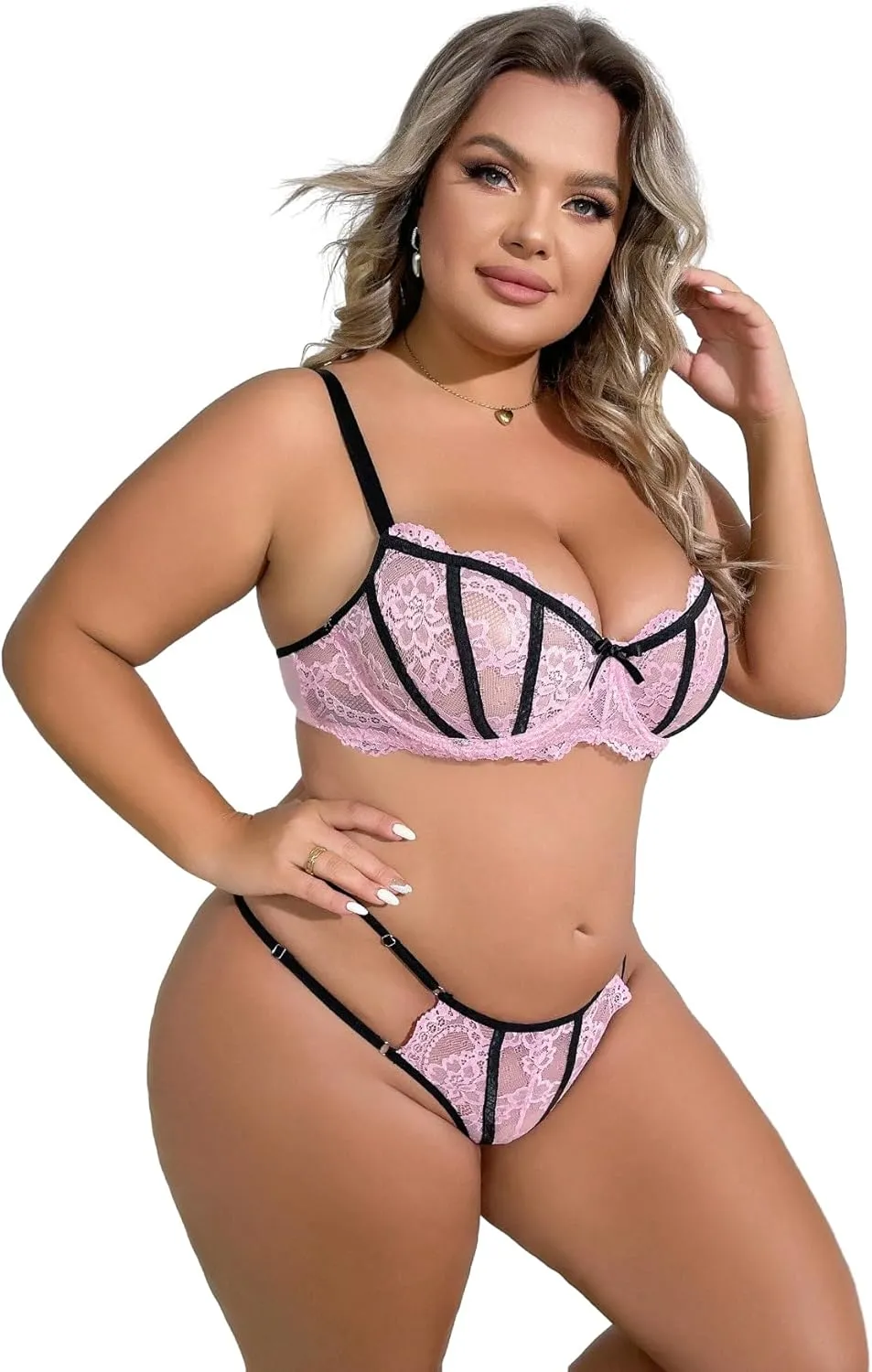 SOLY HUX Women's Plus Size Floral Lace Underwire Bralette Bra and Panty Lingerie Set