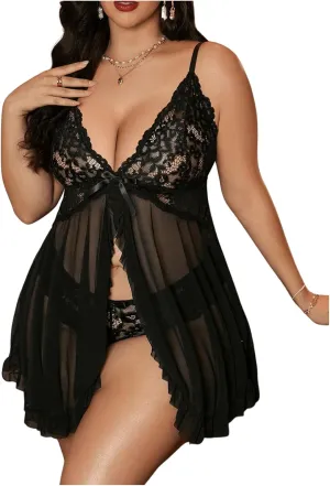 SOLY HUX Women's Plus Size Lingerie Set Lace Mesh Ruffle Hem Mini Dress Babydoll Chemise Nightgown with Panties