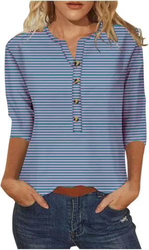 Spring Tops for Women 2025 Trendy Casual 3/4 Sleeve V Neck Button Blouses Business Wear Dressy Ladies Shirts Clothing