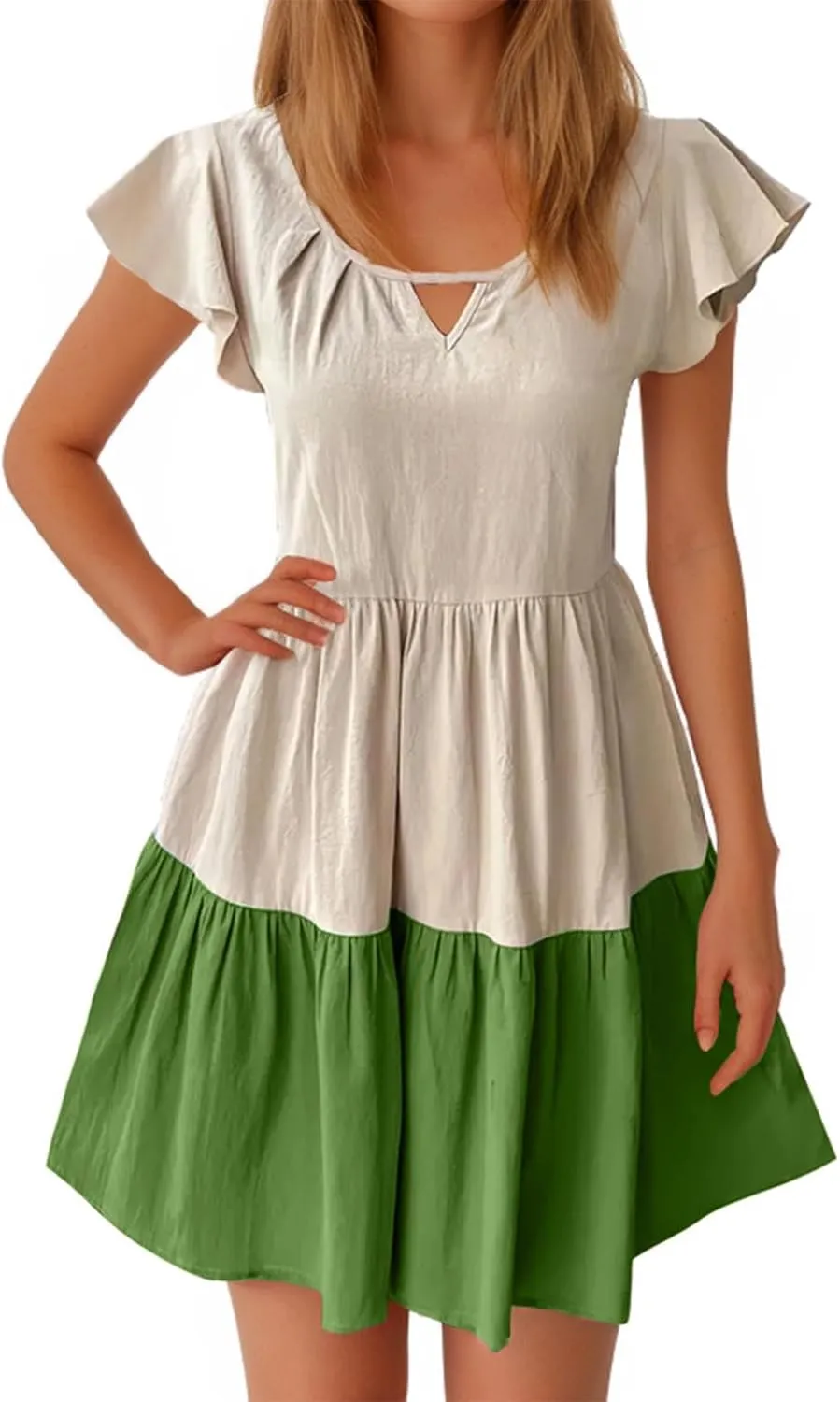 Summer Babydoll Dresses for Women Casual V Neck Ruffle Sleeve Cute Dress Beach Vacation Swing Mini Sundress