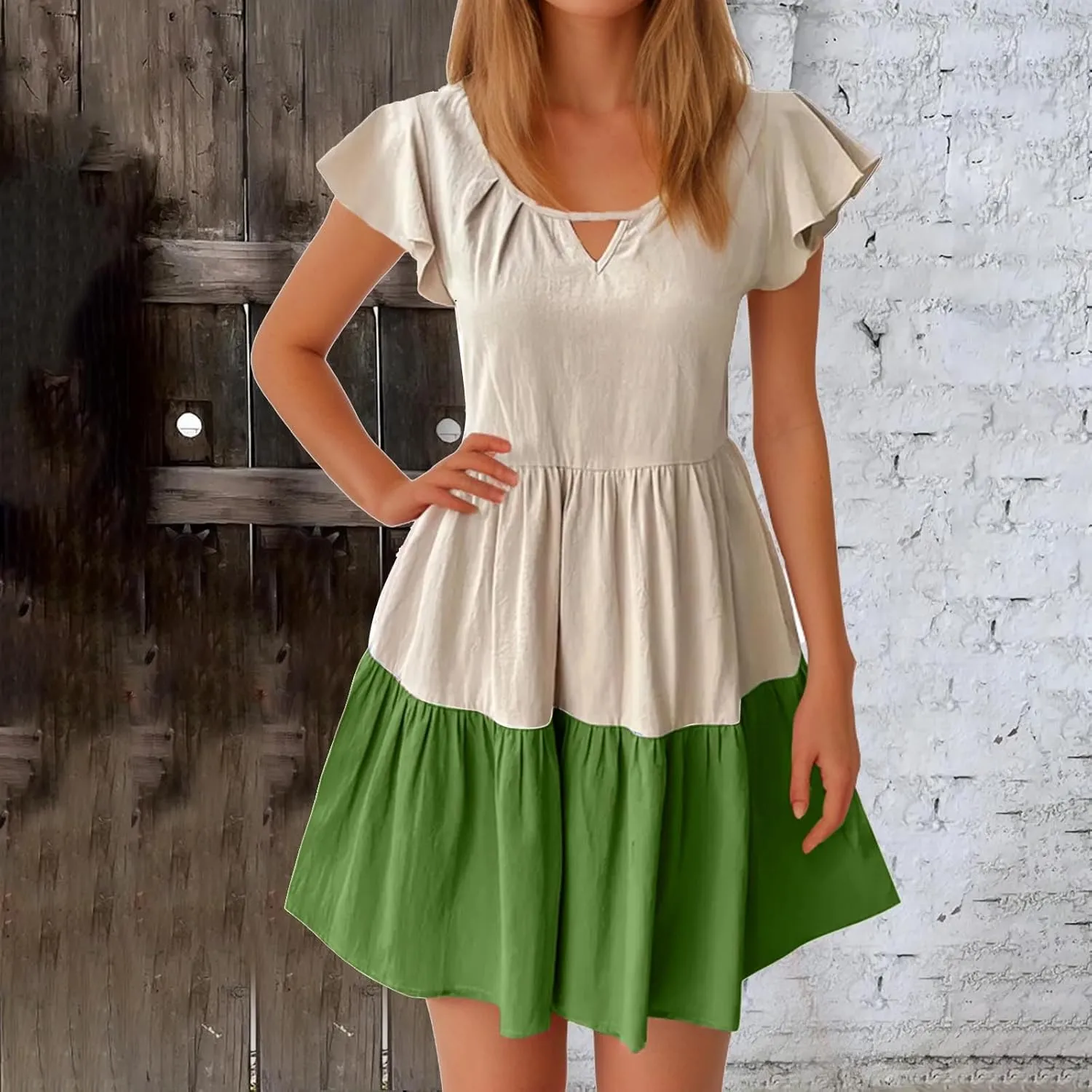 Summer Babydoll Dresses for Women Casual V Neck Ruffle Sleeve Cute Dress Beach Vacation Swing Mini Sundress