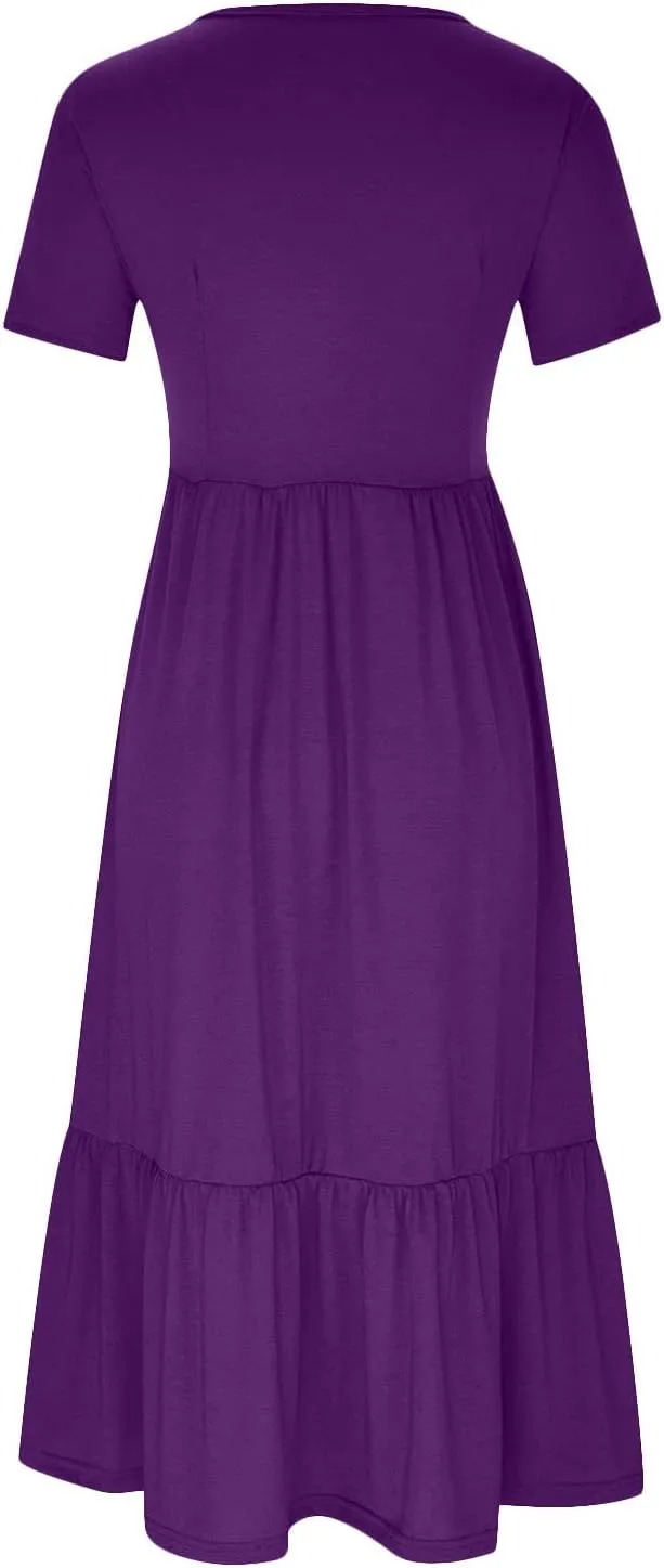 Summer Dresses for Women 2024 Casual Comfy Short Sleeve Ankle Length Dresses Ruched Dual Pockets Long Maxi Dresses