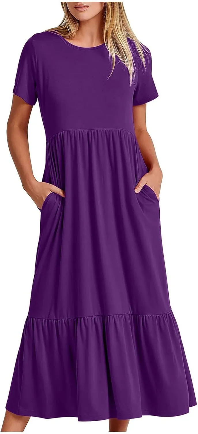 Summer Dresses for Women 2024 Casual Comfy Short Sleeve Ankle Length Dresses Ruched Dual Pockets Long Maxi Dresses