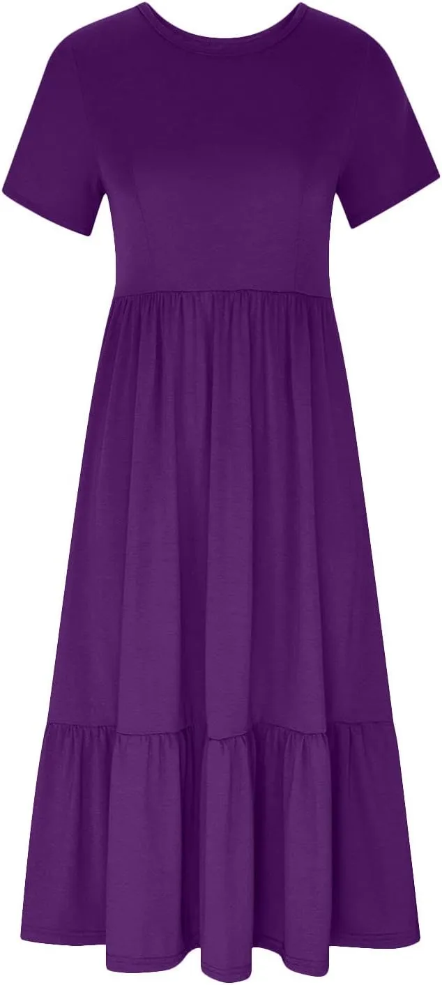 Summer Dresses for Women 2024 Casual Comfy Short Sleeve Ankle Length Dresses Ruched Dual Pockets Long Maxi Dresses
