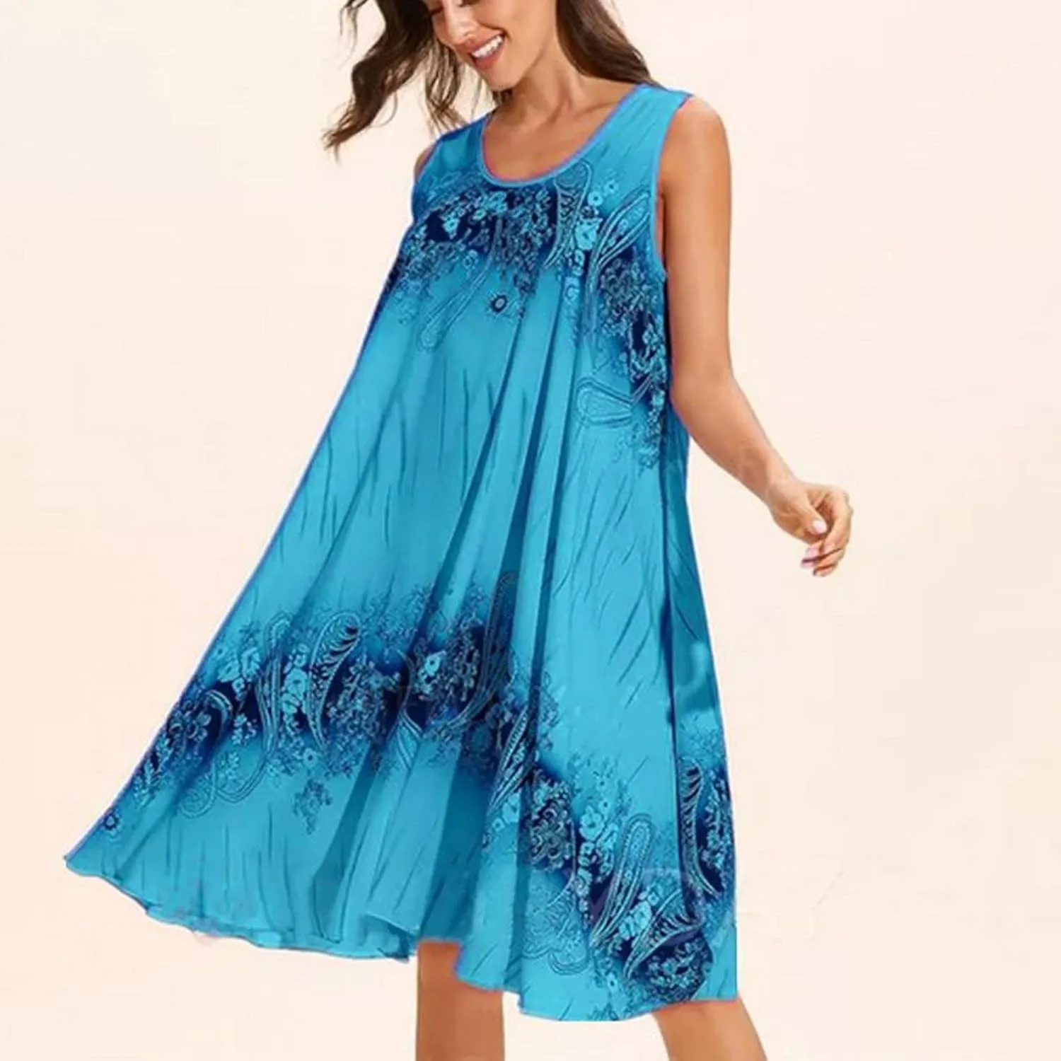 Summer Dresses for Women 2024 Loose Fit Crewneck Floral Sun Dresses Casual Sleeveless Swing Dresses