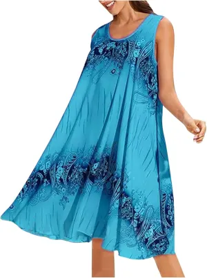 Summer Dresses for Women 2024 Loose Fit Crewneck Floral Sun Dresses Casual Sleeveless Swing Dresses