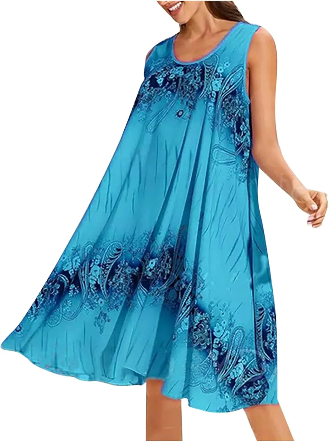 Summer Dresses for Women 2024 Loose Fit Crewneck Floral Sun Dresses Casual Sleeveless Swing Dresses
