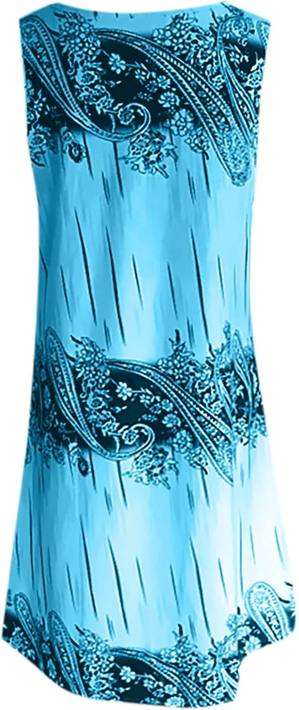 Summer Dresses for Women 2024 Loose Fit Crewneck Floral Sun Dresses Casual Sleeveless Swing Dresses