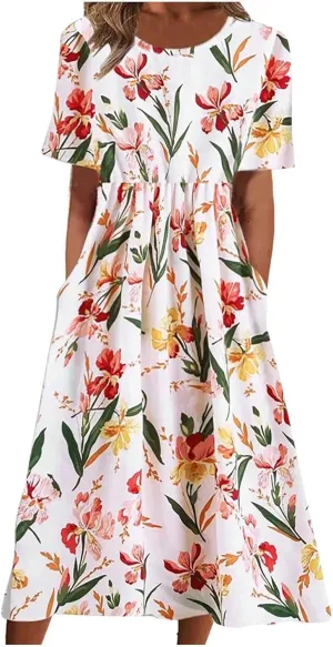 Summer Dresses for Women 2025 Floral Dress Midi Dresses Casual Spring Dresses Pleated Tshirts Dress with Pocket Dress