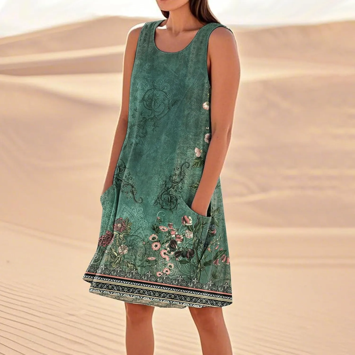Summer Dresses for Women Sleeveless Sundress Printed Round Neck Tank Dress Loose Beach Vacation Dress with Pockets