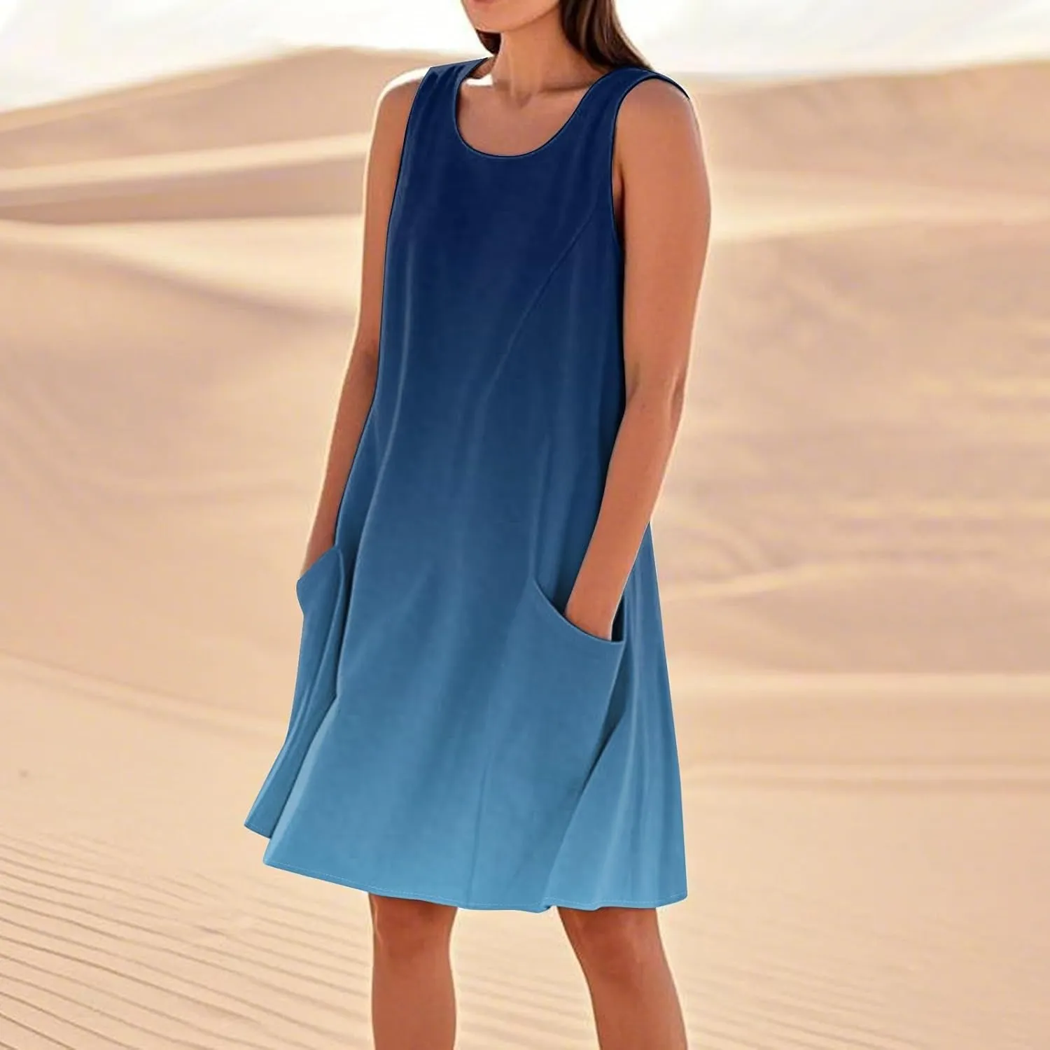 Summer Dresses for Women Sleeveless Sundress Printed Round Neck Tank Dress Loose Beach Vacation Dress with Pockets