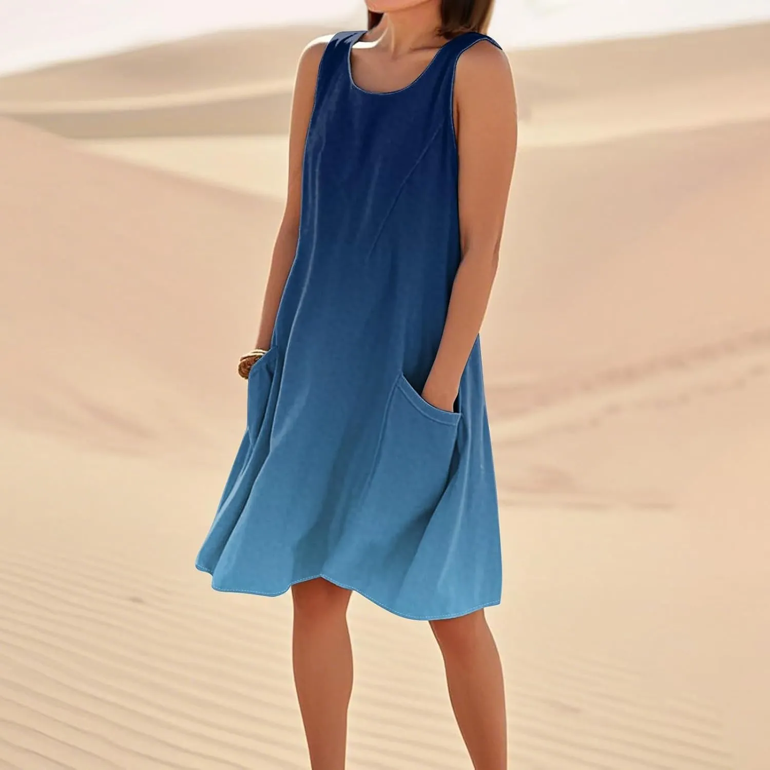 Summer Dresses for Women Sleeveless Sundress Printed Round Neck Tank Dress Loose Beach Vacation Dress with Pockets