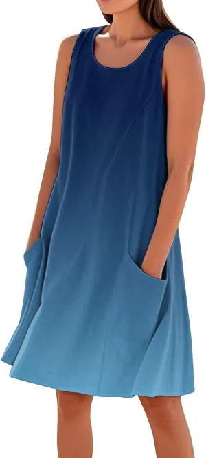 Summer Dresses for Women Sleeveless Sundress Printed Round Neck Tank Dress Loose Beach Vacation Dress with Pockets