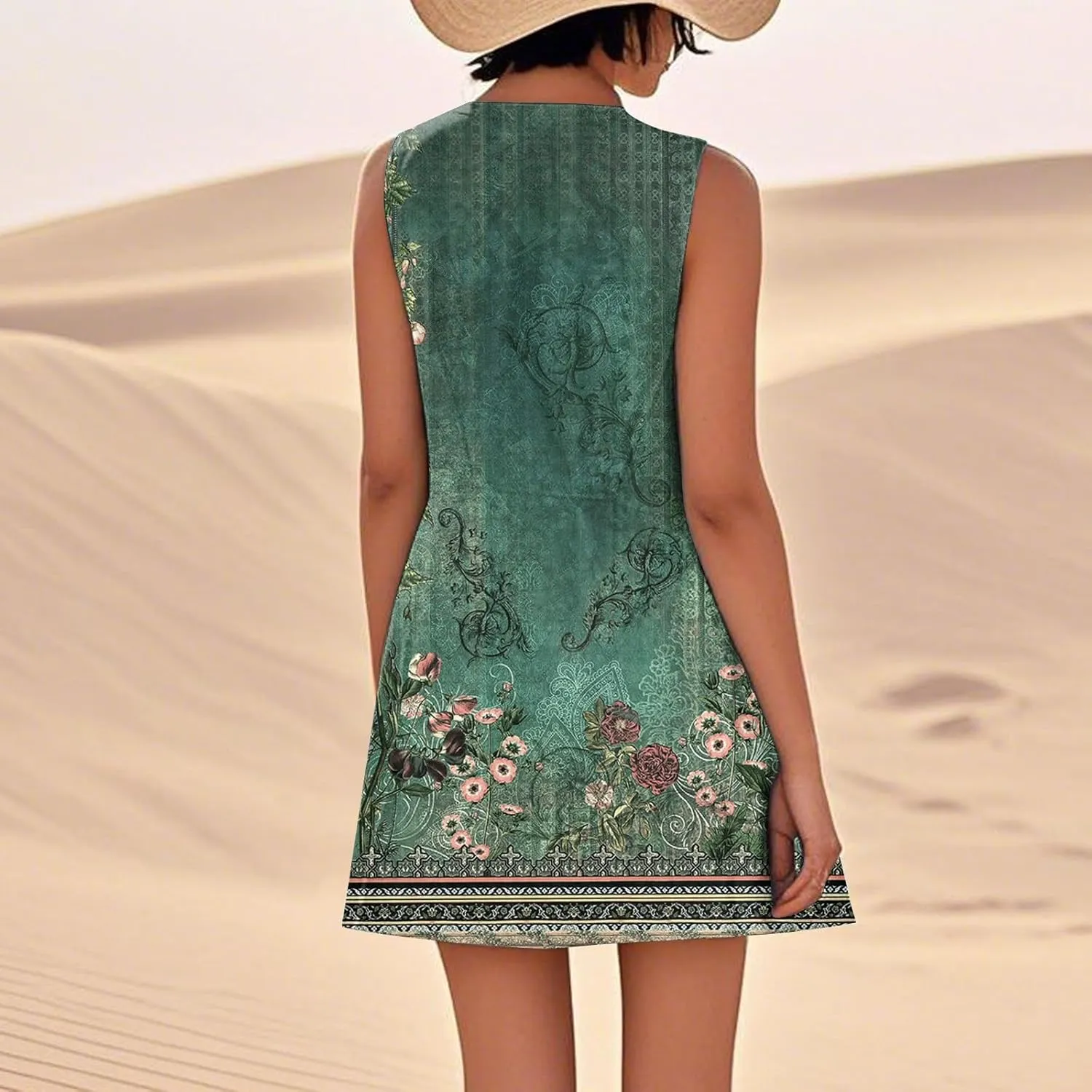 Summer Dresses for Women Sleeveless Sundress Printed Round Neck Tank Dress Loose Beach Vacation Dress with Pockets