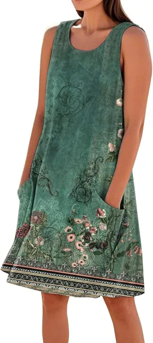 Summer Dresses for Women Sleeveless Sundress Printed Round Neck Tank Dress Loose Beach Vacation Dress with Pockets