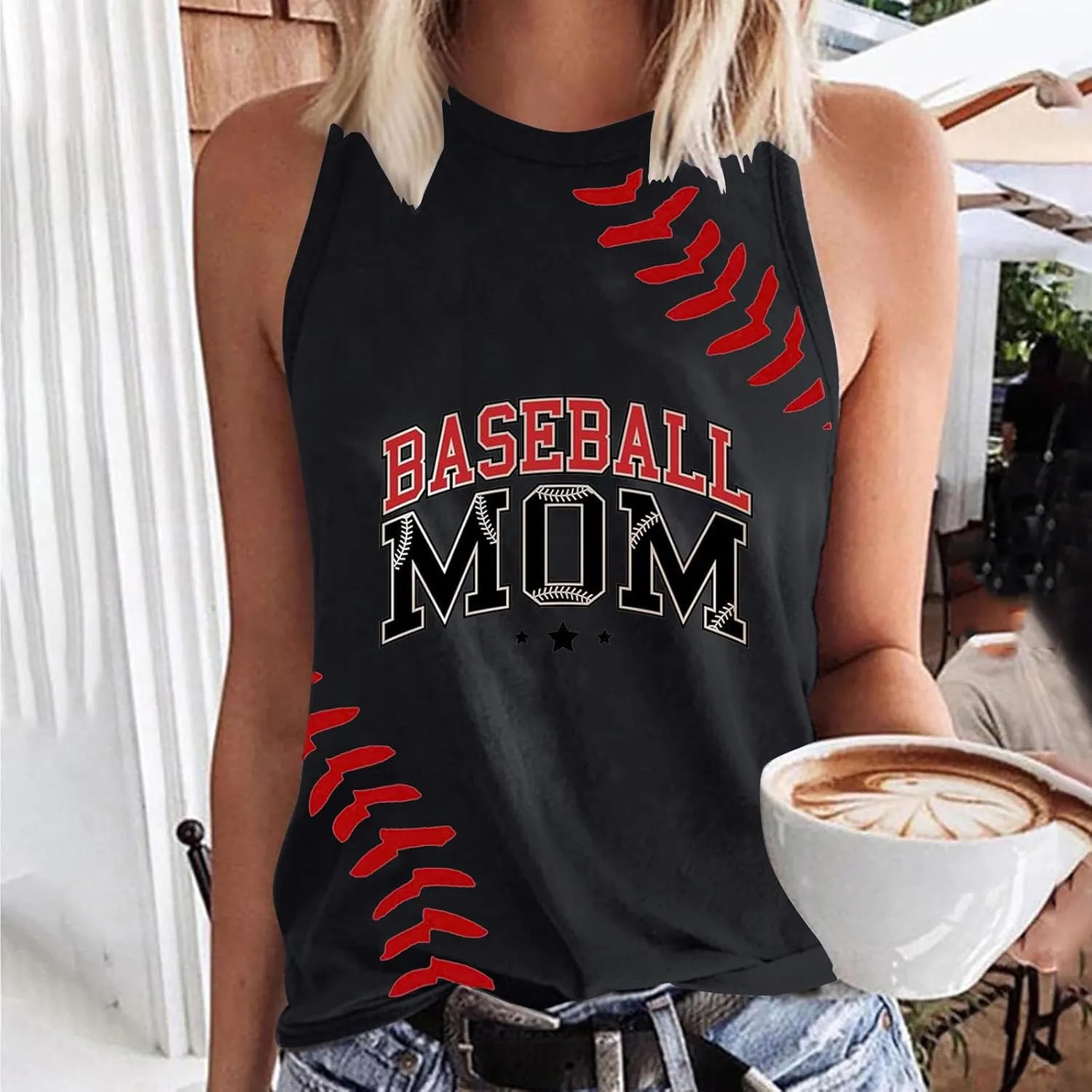 Summer Game Day Tank Tops Women Funny Baseball Mom Print Sleeveless Crewneck T-Shirts Casual Comfy Tanks Tee Shirt