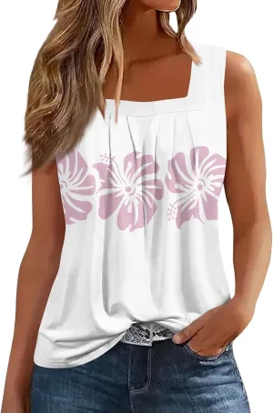 Summer Tank Tops for Women Casual Sleeveless Top Floral Print Pleated Square Neck Curved Hem Flowy Tanks