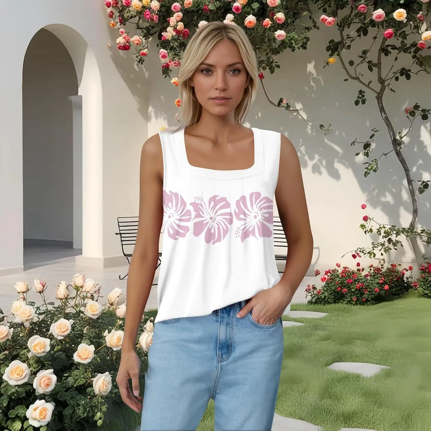 Summer Tank Tops for Women Casual Sleeveless Top Floral Print Pleated Square Neck Curved Hem Flowy Tanks