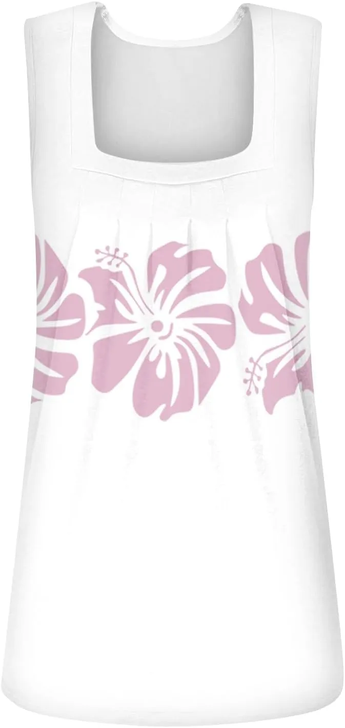 Summer Tank Tops for Women Casual Sleeveless Top Floral Print Pleated Square Neck Curved Hem Flowy Tanks
