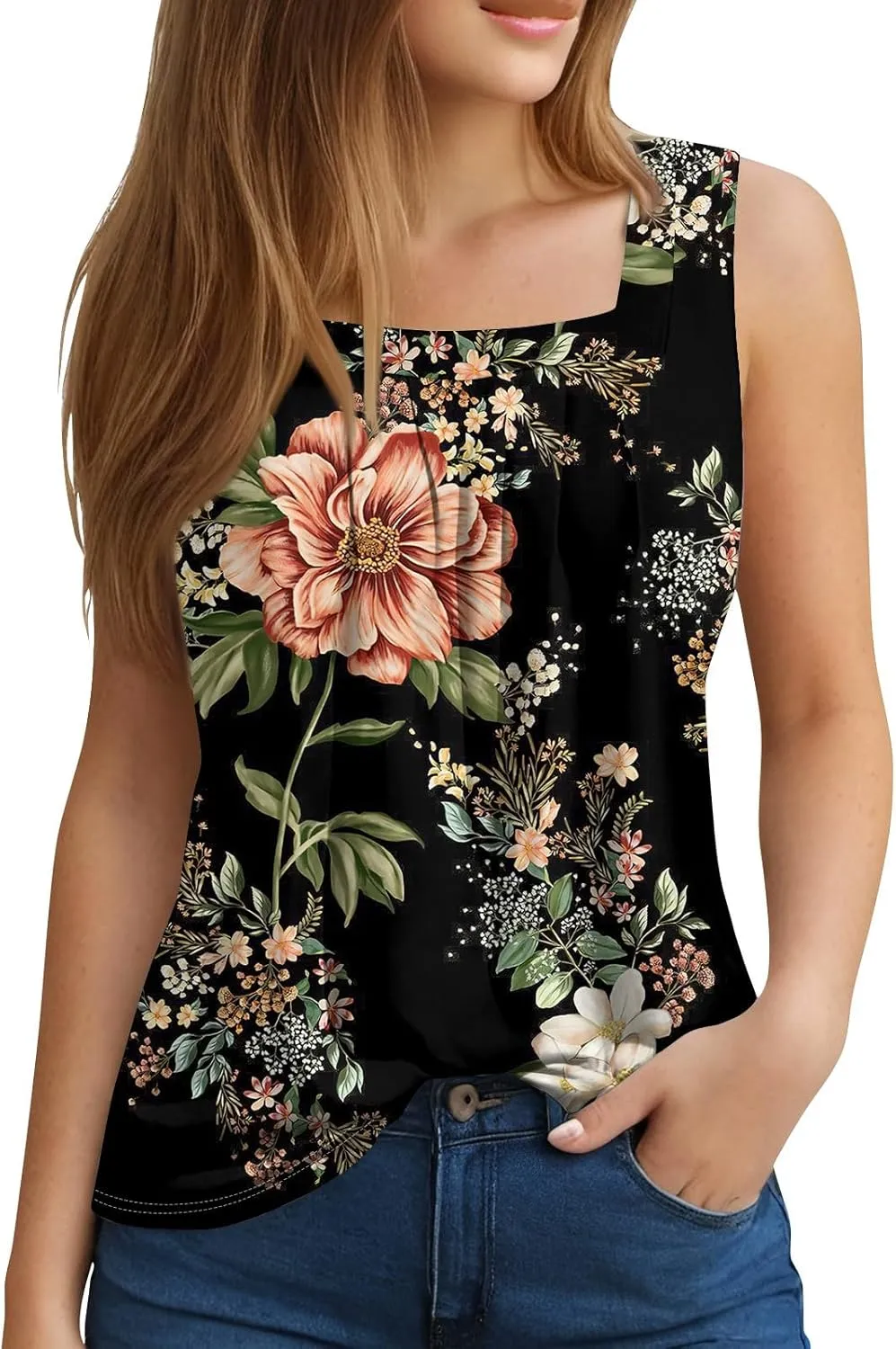 Summer Tank Tops for Women Sleeveless Pleated Square Neck Loose Fit Tunic Blouses Shirts Fashion Tee 2025