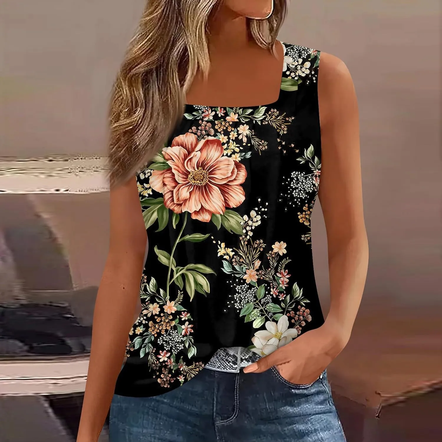 Summer Tank Tops for Women Sleeveless Pleated Square Neck Loose Fit Tunic Blouses Shirts Fashion Tee 2025