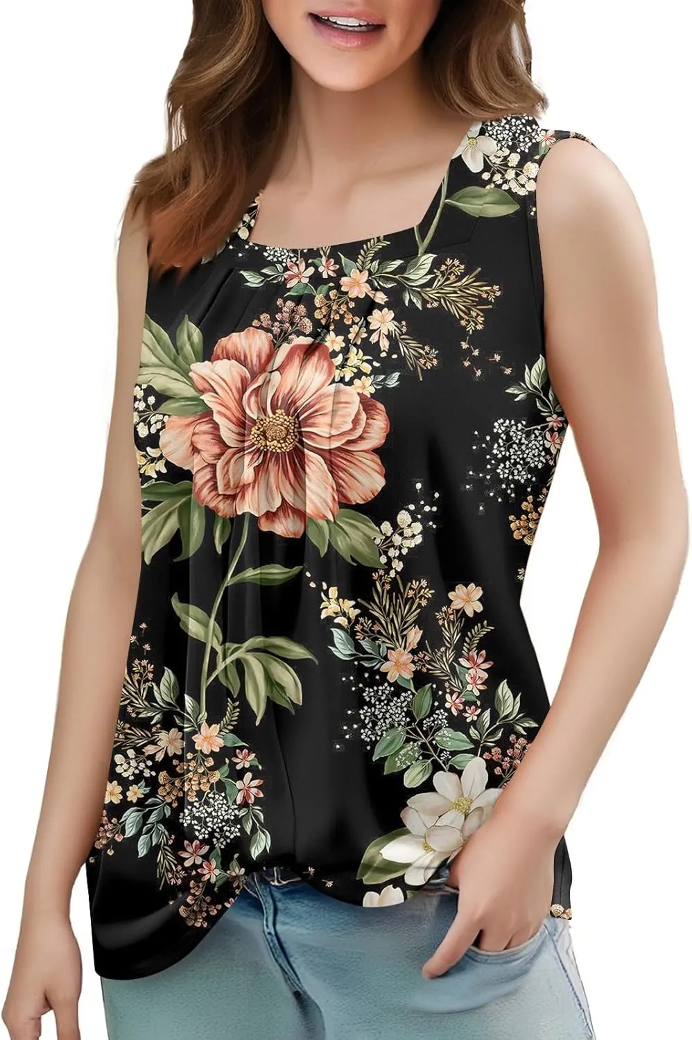 Summer Tank Tops for Women Sleeveless Pleated Square Neck Loose Fit Tunic Blouses Shirts Fashion Tee 2025