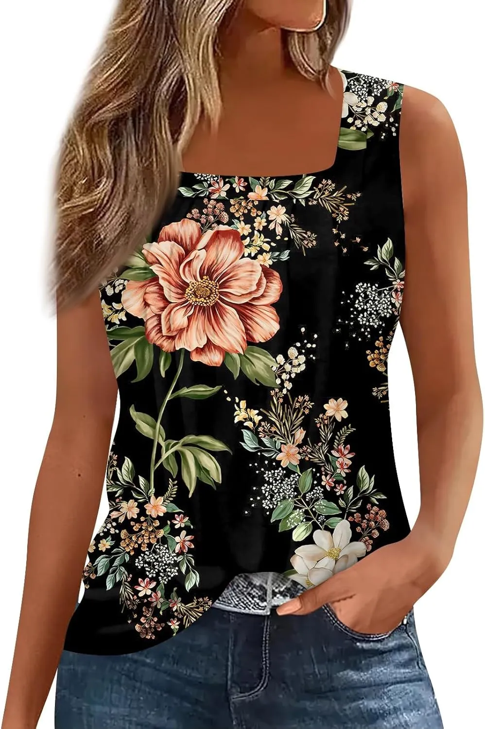 Summer Tank Tops for Women Sleeveless Pleated Square Neck Loose Fit Tunic Blouses Shirts Fashion Tee 2025