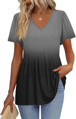 Summer Tops for Women 2025 Babydoll Short Sleeve Shirts V Neck T Shirts Puff Sleeve Peplum Tops