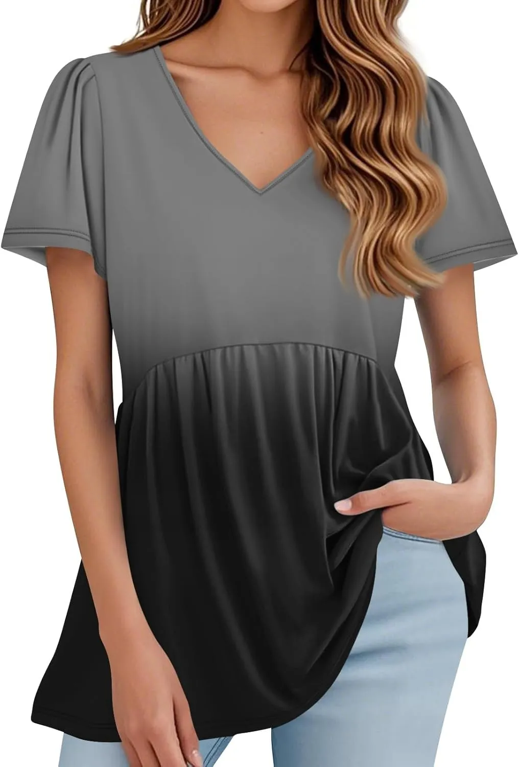 Summer Tops for Women 2025 Babydoll Short Sleeve Shirts V Neck T Shirts Puff Sleeve Peplum Tops