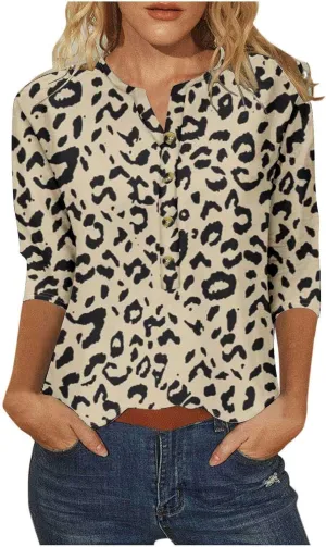Summer Tops for Women 2025 Trendy Casual 3/4 Sleeve Floral Print Tees V-Neck Button Blouses Ladies Spring Clothing
