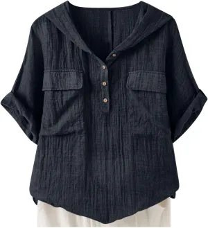 Summer Tops for Women 2025 Trendy Solid Color Loose Fit Tee Shirts Vintage Boho Vacation Tunic Blouses with Pockets
