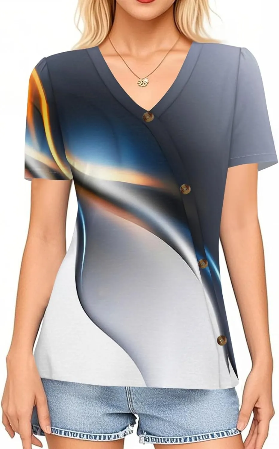 Summer Tops for Women Trendy Printed Tops Loose Short Sleeve Shirts Dressy Casual V Neck T Shirts Trendy Tunic Tops Blouses