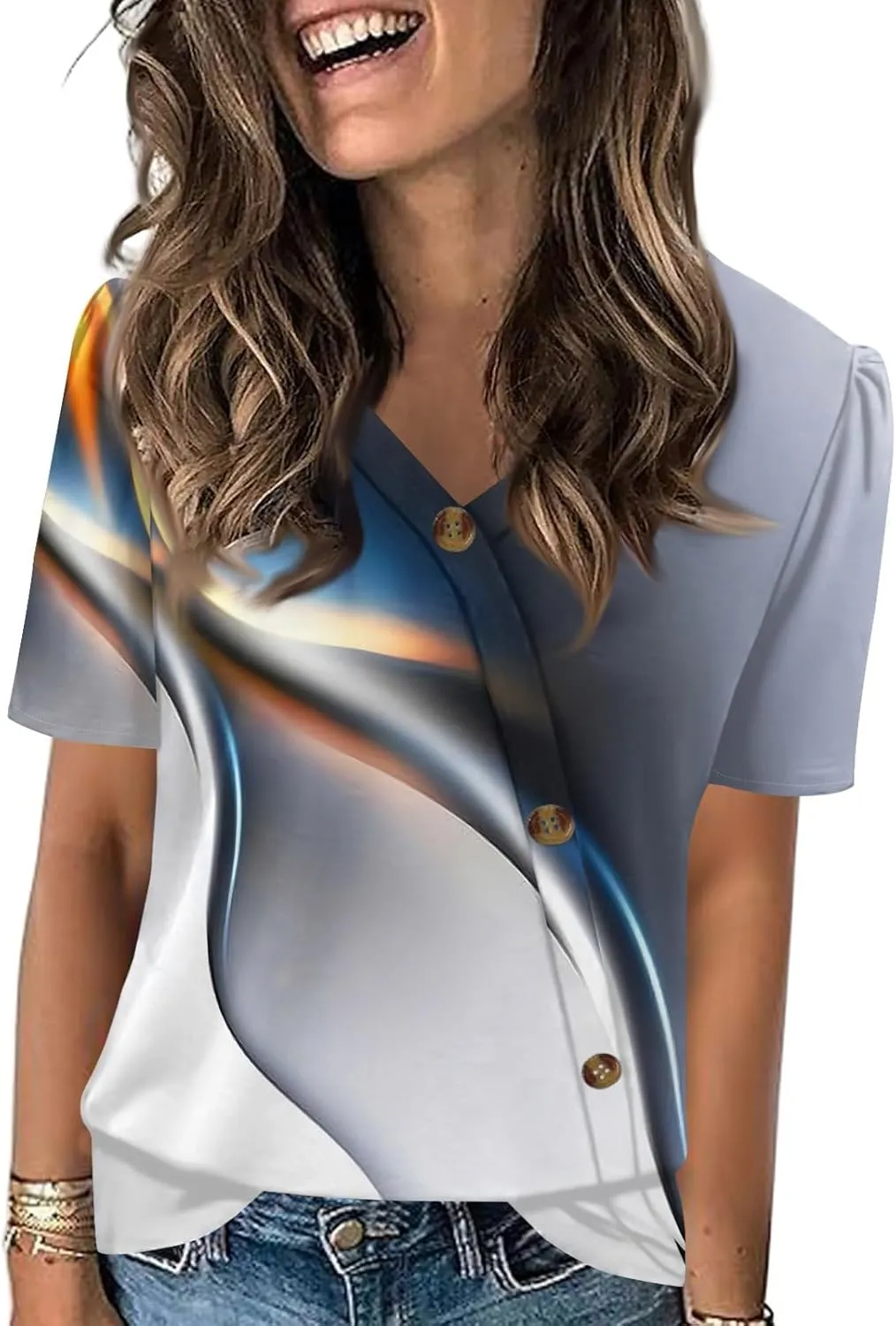 Summer Tops for Women Trendy Printed Tops Loose Short Sleeve Shirts Dressy Casual V Neck T Shirts Trendy Tunic Tops Blouses