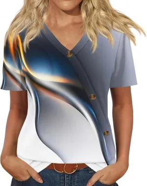 Summer Tops for Women Trendy Printed Tops Loose Short Sleeve Shirts Dressy Casual V Neck T Shirts Trendy Tunic Tops Blouses
