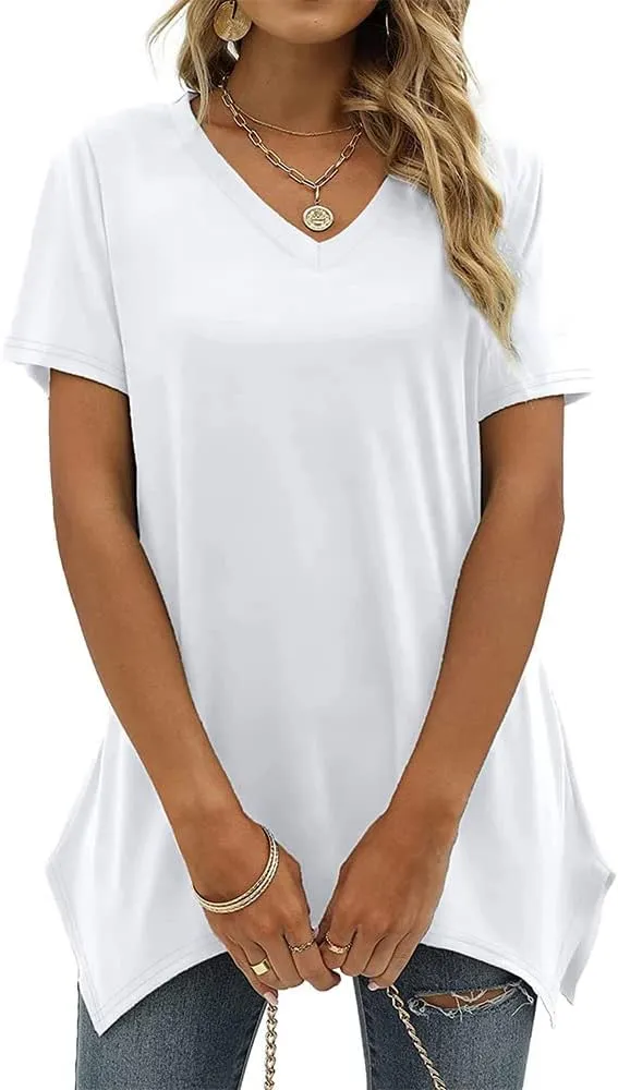 Summer Tops for Women V Neck Short Sleeve Tops Dovetail Hem T-Shirt Solid Casual Loose Shirt