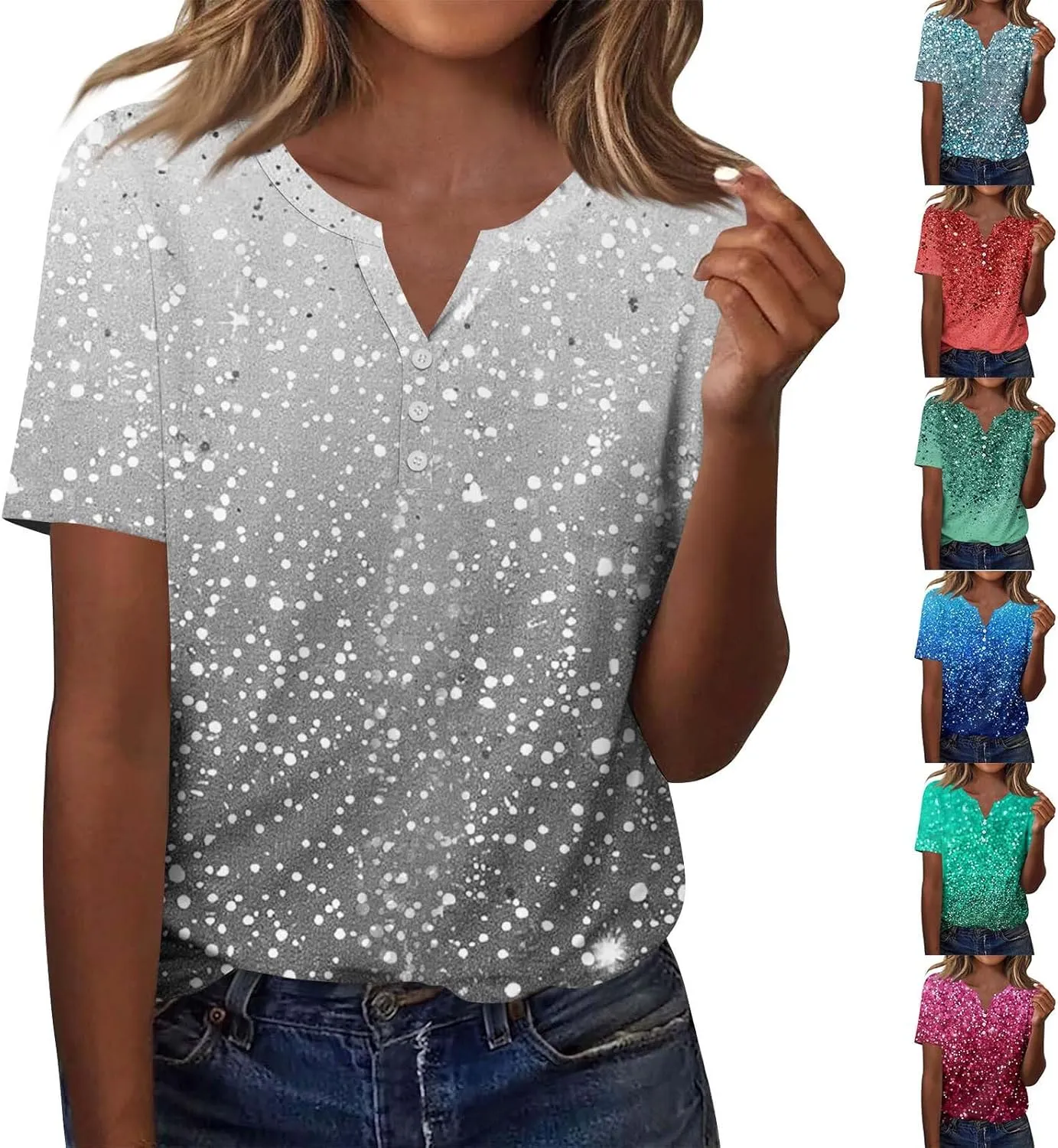 Summer Tshirts Shirts for Women Trendy Button Down V Neck Tunic Tops Dressy Casual Plus Size Basic Floral Blouses