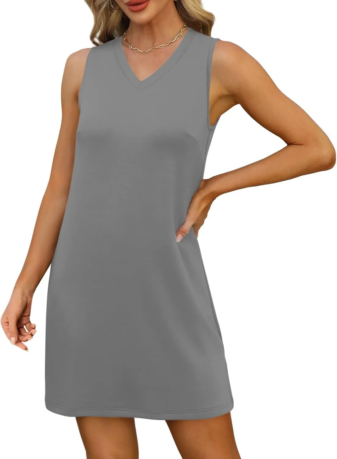 Summer Tunic Dress for Women Sleeveless Above-Knee Loungewear Shirt, Casual V Neck Shift Tshirt Dress with Side Slit